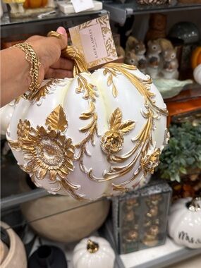 Laura Ashley White and Gold Ornate Floral Pumpkin Accent